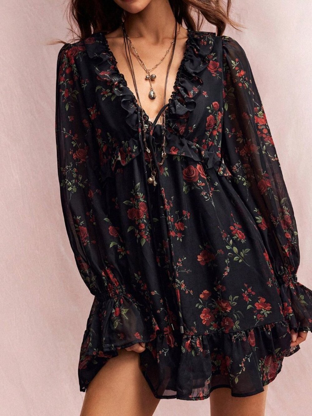 Black Boho Women's Floral V-Neck Petal Flounce Mini Dress